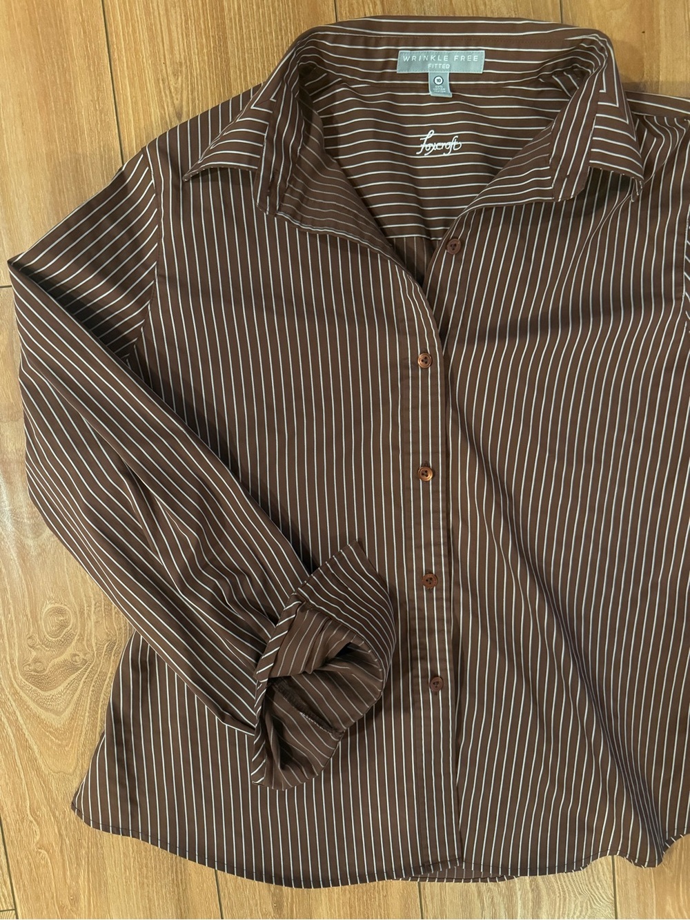 Foxcroft Brown Pinstripe Dress Shirt, Wrinkle-Free & Fitted